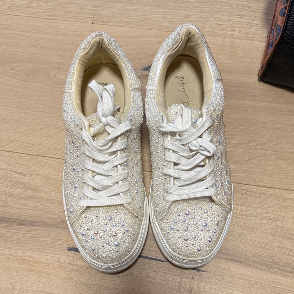 Betsey Johnson Ivory Crystal-Studded Lace-Up Sneakers